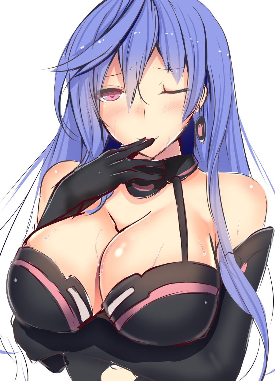 1girl ;) arm_under_breasts bare_shoulders blue_hair blush breasts choker cleavage daiaru elbow_gloves eyebrows_visible_through_hair gloves hair_between_eyes hand_to_own_mouth highres iris_heart jewelry kami_jigen_game_neptune_v large_breasts long_hair looking_at_viewer neptune_(series) one_eye_closed pink_eyes simple_background single_earring smile solo sweat upper_body white_background