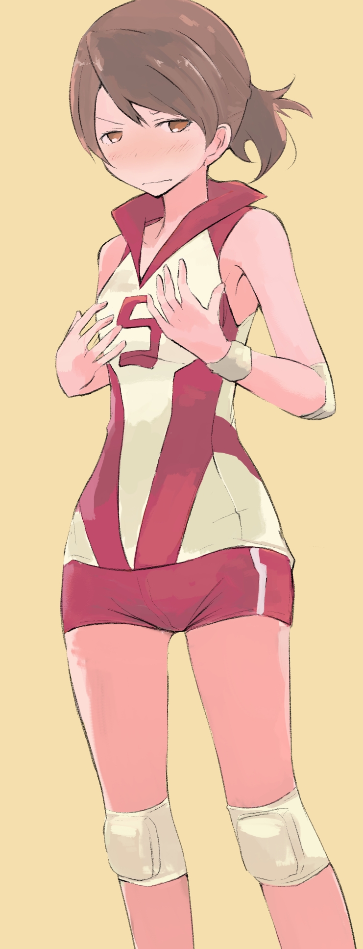 bad_id bad_pixiv_id blush brown_eyes brown_hair flat_chest girls_und_panzer gym_shorts highres kawanishi_shinobu knee_pads riva0412 short_hair shorts sleeveless solo sportswear volleyball_uniform wavy_mouth