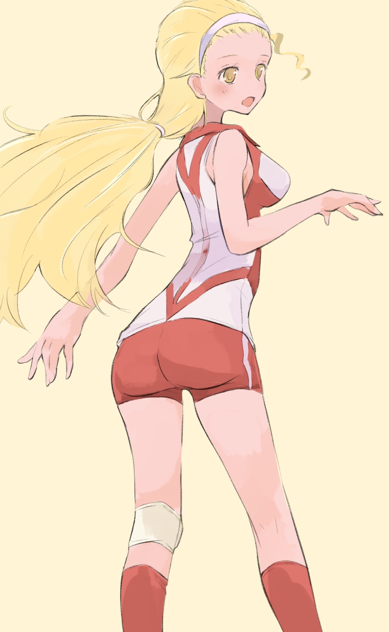 ass back bad_id bad_pixiv_id blonde_hair blush girls_und_panzer gym_shorts hair_pulled_back hairband highres long_hair looking_back open_mouth ponytail riva0412 sasaki_akebi shorts sleeveless smile sportswear volleyball_uniform