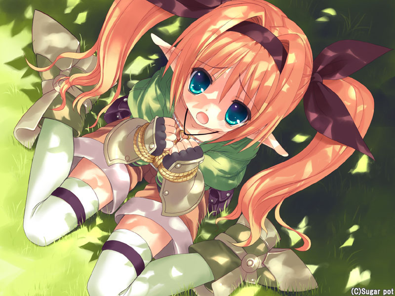 bdsm blonde_hair blue_eyes bondage bound bound_wrists carol_miruto dappled_sunlight elf fingerless_gloves from_above game_cg gloves grass jewelry long_hair necklace open_mouth pointy_ears rope sasorigatame shorts sitting solo sunlight thighhighs twintails watermark white_legwear wizard_girl_ambitious