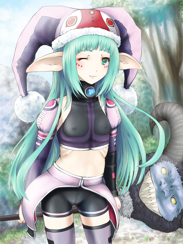 aqua_hair bike_shorts covered_nipples detached_sleeves eyeshadow facepaint flat_chest fonewearl fur_trim green_eyes hat hildeblue jester_cap large_ears long_hair makeup midriff one_eye_closed phantasy_star phantasy_star_online pointy_ears ribs smile solo staff thighhighs velvet06