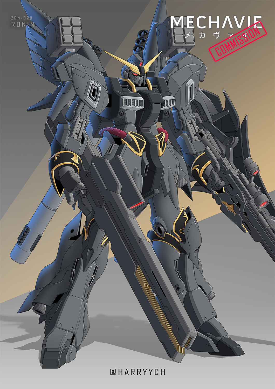 beam_rifle character_name commentary_request commission dual_wielding energy_gun english_commentary full_body fusion gun gundam gundam_unicorn harryych highres holding holding_gun holding_weapon mecha mecha_focus missile_pod mixed-language_commentary mobile_suit no_humans original red_eyes redesign robot science_fiction shadow sinanju standing thrusters twitter_username unicorn_gundam v-fin weapon