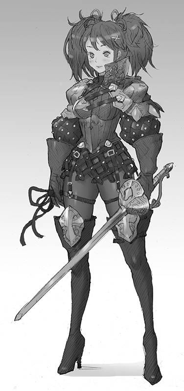 armor boots breastplate breasts gloves greyscale high_heels kilart medium_breasts monochrome original pauldrons rapier short_hair short_twintails solo sword thigh_boots thighhighs twintails weapon