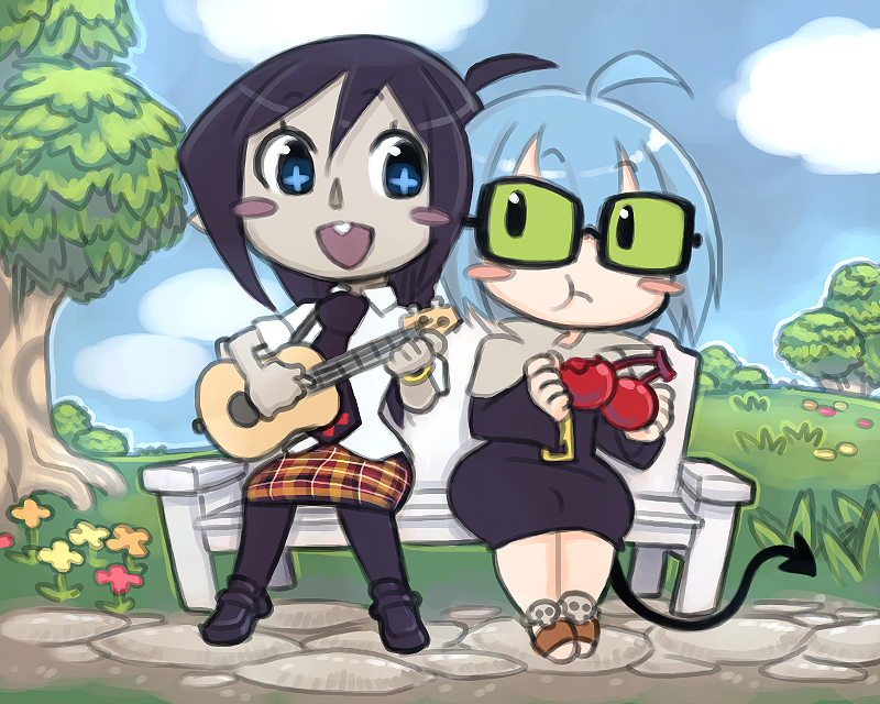 2girls :t acoustic_guitar ahoge bench blue_eyes blue_hair blush_stickers buck_teeth cherry chibi day demon_mages demon_tail doubutsu_no_mori eating eye_contact field flower food fruit glasses grass green_eyes grey_skin guitar instrument jason_robinson looking_at_another multiple_girls music necktie open_mouth outdoors pantyhose park_bench parody path plant playing_instrument purple_hair road short_hair sitting skirt smile style_parody tail tara_olphoros tess_tesryon tree wide_hips