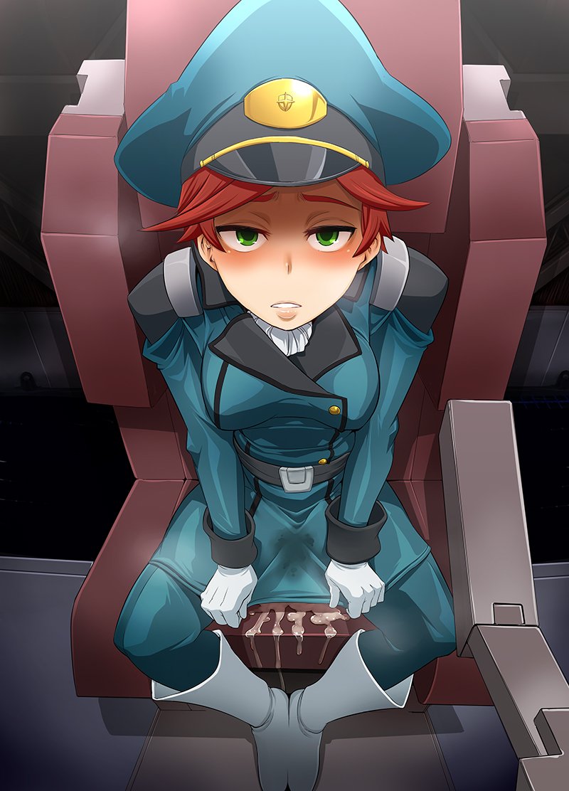 belt boots cum cum_in_pussy cum_pool from_above green_eyes gundam gundam_age hat looking_up military military_uniform natora_einus parted_lips red_hair shindou_l short_hair sitting uniform