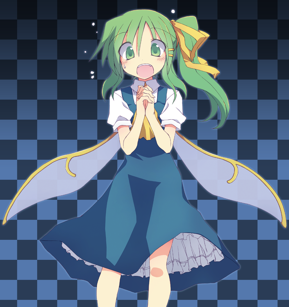 checkered checkered_background daiyousei dress green_eyes green_hair hair_ornament hair_ribbon hairclip hands_clasped long_hair open_mouth own_hands_together ribbon satou_kibi side_ponytail solo sweatdrop touhou wings