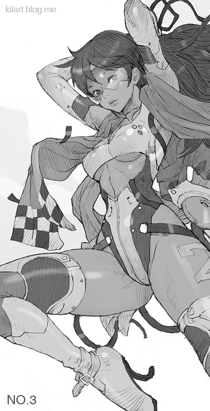 arms_up bodysuit boots breasts checkered greyscale high_heels kilart long_hair medium_breasts monochrome original solo thigh_boots thighhighs underboob visor