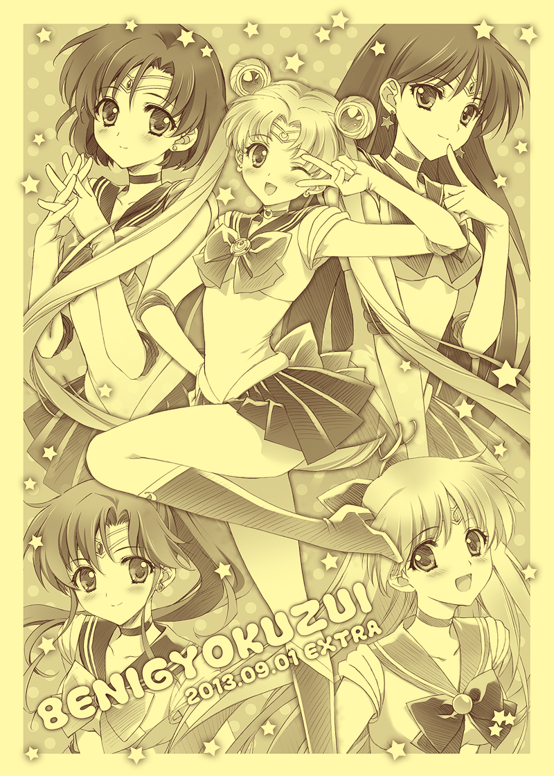 5girls aino_minako back_bow bishoujo_senshi_sailor_moon boots bow carnelian choker dated double_bun earrings elbow_gloves gloves hair_bow hino_rei inner_senshi jewelry kino_makoto long_hair looking_at_viewer mizuno_ami monochrome multiple_girls one_eye_closed open_mouth ponytail sailor_jupiter sailor_mars sailor_mercury sailor_moon sailor_senshi sailor_senshi_uniform sailor_venus short_hair smile star tsukino_usagi