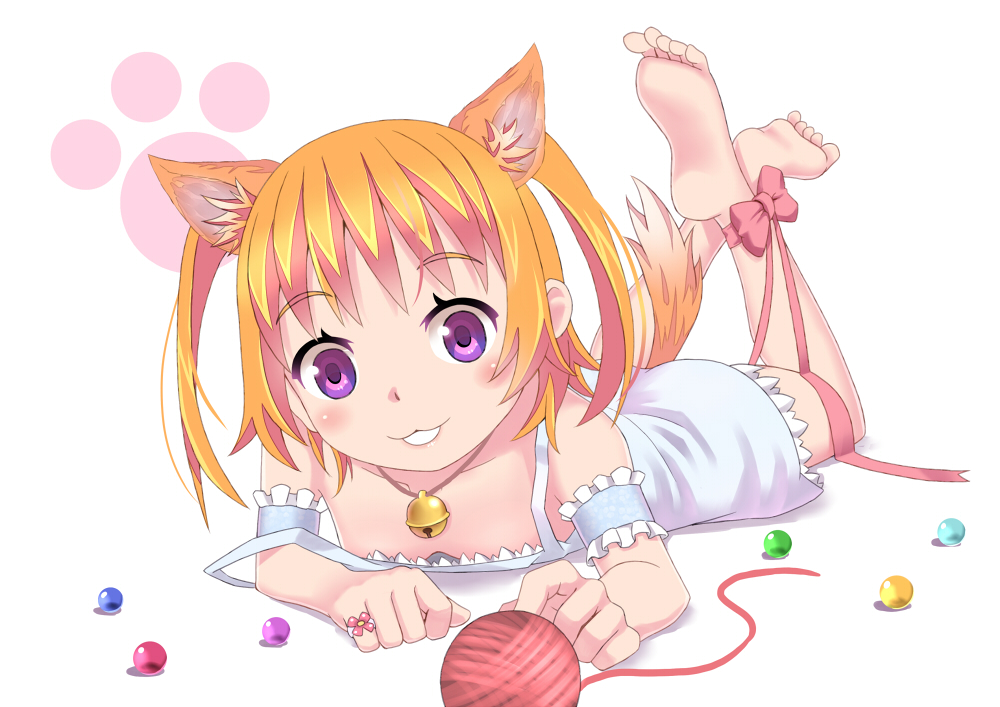 :3 animal_ears barefoot bell cat_ears cat_tail dress feet full_body harusaki_chiwa jewelry jingle_bell lying marble on_stomach orange_hair ore_no_kanojo_to_osananajimi_ga_shuraba_sugiru purple_eyes ribbon ring rumil simple_background smile soles solo tail toes twintails yarn yarn_ball