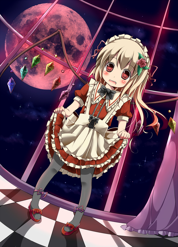 alternate_costume apron blonde_hair blush checkered checkered_floor curtains dress dress_lift dutch_angle enmaided flandre_scarlet flower full_moon hair_flower hair_ornament kazura long_hair looking_at_viewer maid maid_headdress moon open_mouth pantyhose pigeon-toed red_eyes red_moon red_skirt rose skirt sky smile solo star_(sky) starry_sky touhou window wings