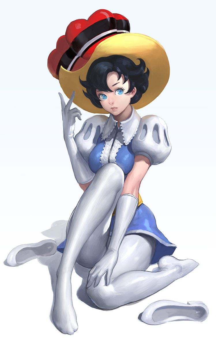 bad_id bad_pixiv_id black_hair blue_eyes breasts dress elbow_gloves gloves hat highres kilart medium_breasts pantyhose princess_sapphire puff_and_slash_sleeves puffy_short_sleeves puffy_sleeves ribbon_no_kishi shoes_removed short_dress short_hair short_sleeves sitting solo white_background white_gloves white_legwear