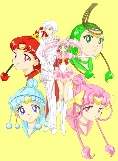 5girls amazons_quartet aqua_eyes aqua_hair back_bow bad_id bad_pixiv_id bishoujo_senshi_sailor_moon blue_sailor_collar bow cape cat cerecere_(sailor_moon) chibi_usa choker diana_(sailor_moon) double_bun earrings elbow_gloves flower formal gloves green_eyes green_hair hair_bun helios_(sailor_moon) jewelry junjun_(sailor_moon) kuma-hacchi mask multi-tied_hair multiple_girls older pallapalla_(sailor_moon) pink_choker pink_eyes pink_hair pink_sailor_collar red_eyes red_hair red_sailor_collar rose sailor_ceres sailor_chibi_moon sailor_collar sailor_juno sailor_pallas sailor_senshi sailor_senshi_uniform sailor_vesta school_uniform serafuku short_hair simple_background skirt suit super_sailor_chibi_moon_(stars) tiara vesves_(sailor_moon) white_flower white_gloves white_hair white_rose yellow_background yellow_bow yellow_eyes