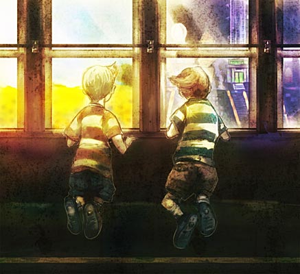 artist_request blonde_hair brown_hair child claus lowres lucas male_focus mother_(game) mother_3 multiple_boys quiff siblings twins window