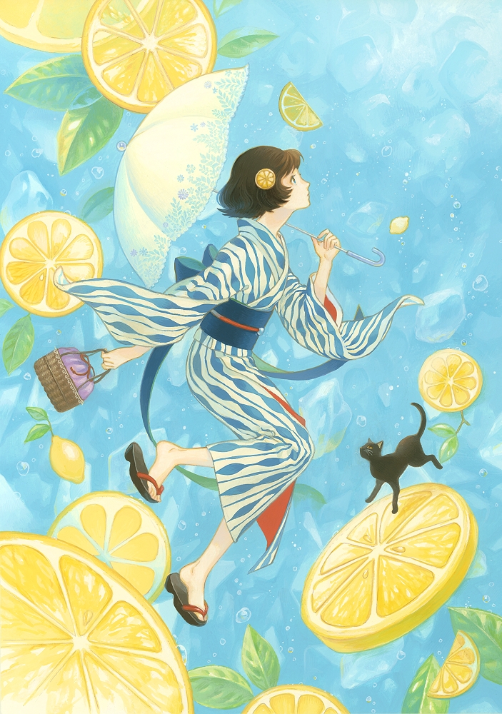 acrylic_paint_(medium) basket blue_eyes brown_hair bubble cat food fruit geta hair_ornament holding ice japanese_clothes kimono leaf lemon obi original parasol profile sash short_hair suijou_ai traditional_media umbrella water yukata