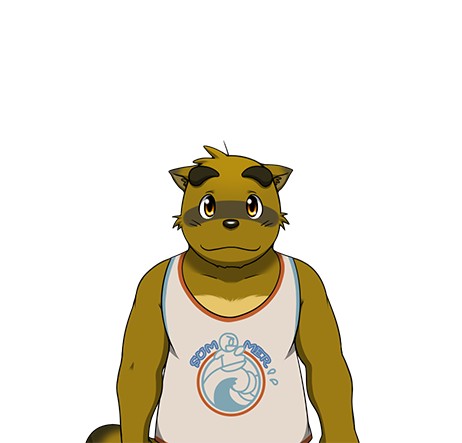 anthro big_eyebrows chubby clothing eyes_open fur kid looking_at_viewer male morenatsu plain_background shirt smile solo standing tank_top tanuki unknown_artist white_background young yukiharu