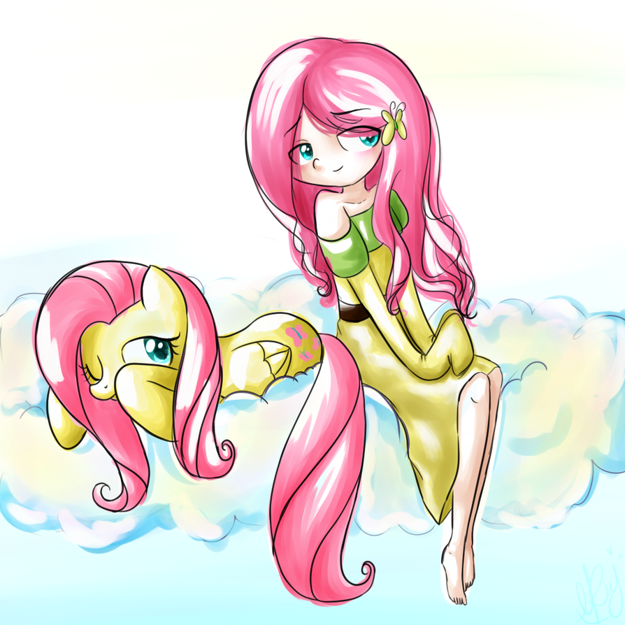 blue_eyes blush breasts clothed clothing cloud cutie_mark dress duo equine female feral fluttershy_(mlp) friendship_is_magic fur hair horse human humanized long_hair looking_back lying mammal mostachiosponch my_little_pony one_eye_closed pegasus pink_hair pony sitting skin smile wings yellow_fur