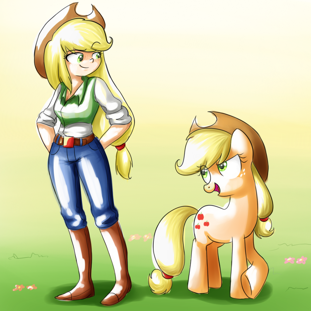blonde_hair boots breasts clothed clothing cowboy_boots cowboy_hat cutie_mark duo equine female feral freckles friendship_is_magic fur green_eyes hair hands_behind_back hat horse human humanized long_hair mammal mostachiosponch my_little_pony open_mouth orange_fur outside pony smile standing