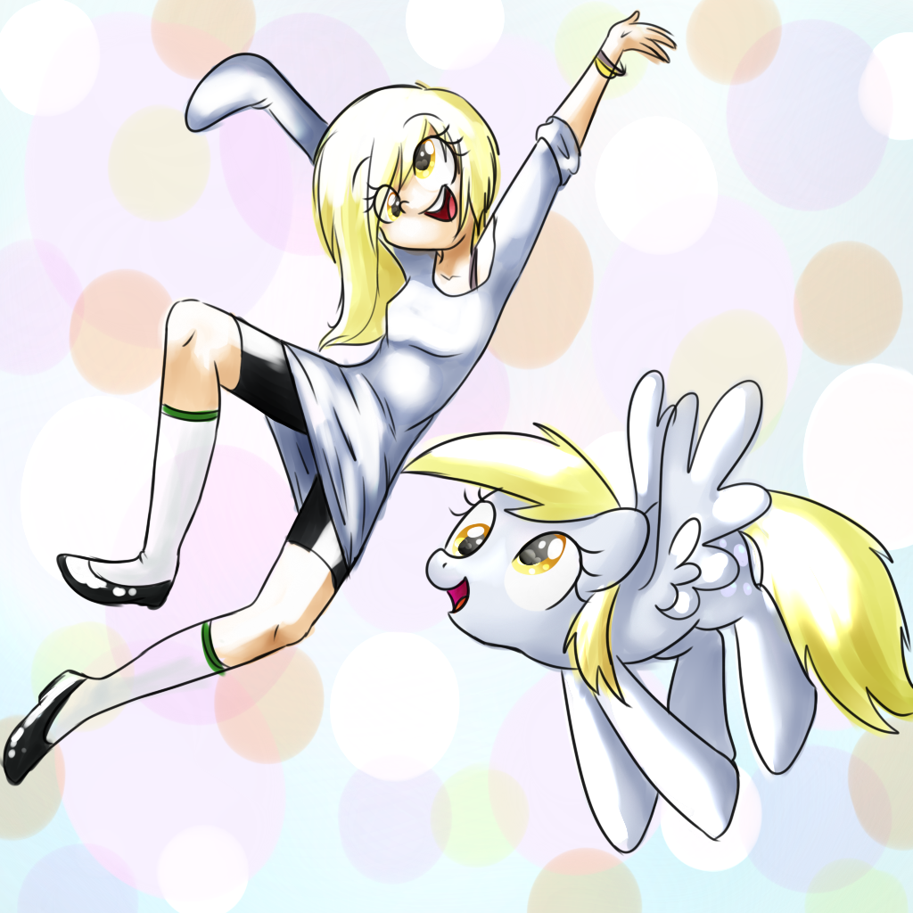 blonde_hair bracelet clothing cutie_mark derp_eyes derpy_hooves_(mlp) duo equine female feral friendship_is_magic fur grey_fur hair horse human humanized jewelry long_hair mammal mostachiosponch my_little_pony open_mouth pegasus pony pose shoes smile socks teeth thick_thighs thighs tight_clothing tongue wings yellow_eyes