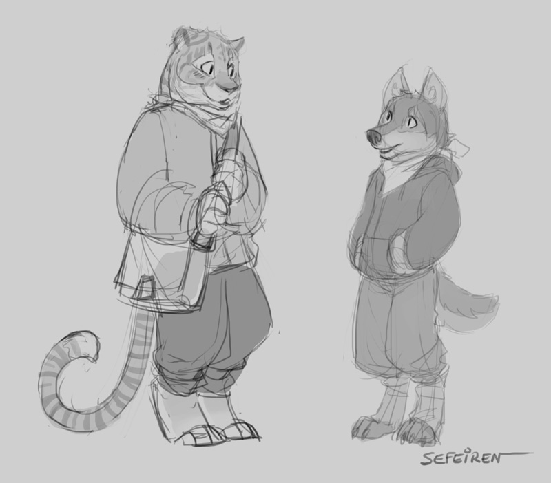 anthro bag canine claws clothed clothing duo feline hindpaw hoodie jeremy male mammal pants paws satchel sefeiren stripes tiger timber_wolf wolf