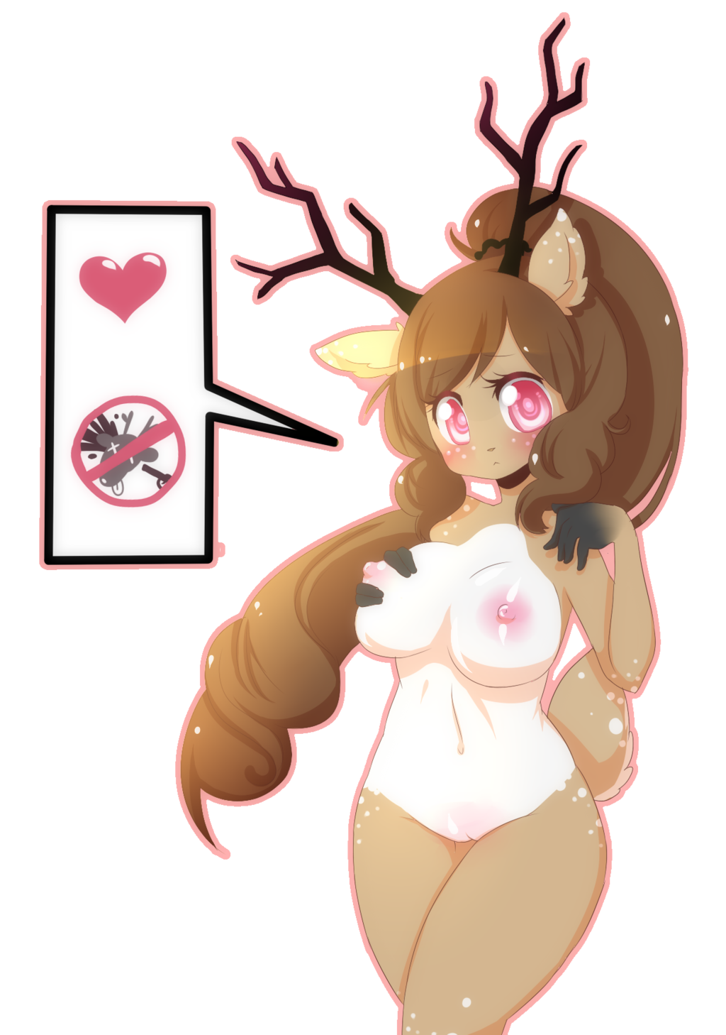 &lt;3 alpha_channel anthro antlers blush breast_grab breasts brown_fur brown_hair cervine deer female fur gun hair horn long_hair looking_at_viewer mammal nipples pink_eyes pink_nipples plain_background ponytail proofme puffy_nipples pussy ranged_weapon solo spots transparent_background weapon white_fur wide_hips