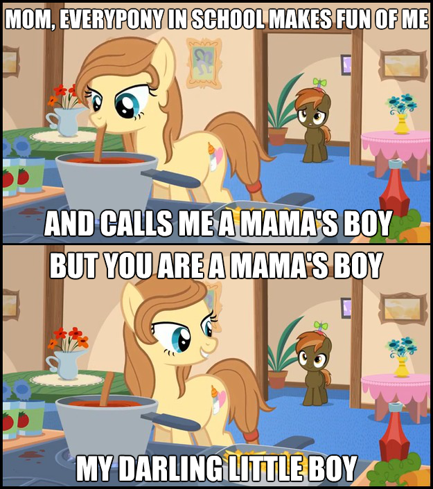 blue_eyes brown_hair button's_mom button's_mom button_mash_(mlp) comic cooking cutie_mark duo english_text equine female feral hair horse jan_(artist) male mammal mother mother_and_son mouth_hold my_little_pony original_character parent picture_frame pony propeller_hat smile son text