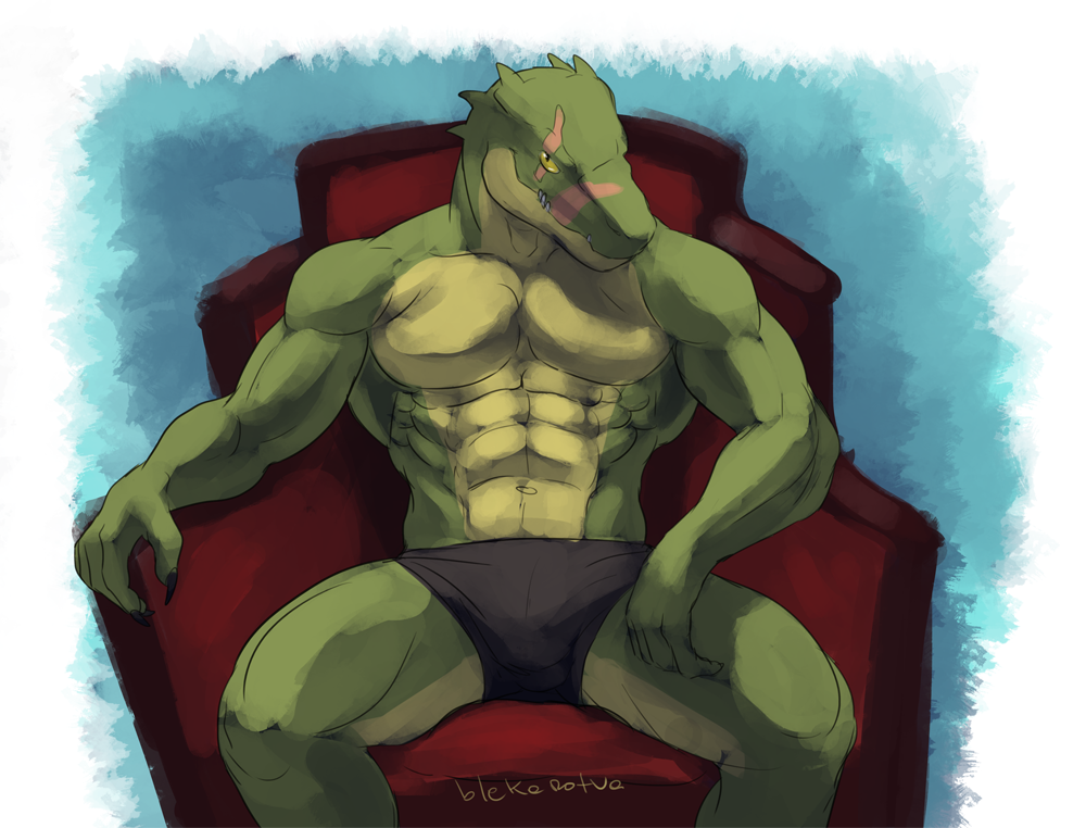 anthro biceps big_muscles blekarotva bulge chair crocodile digital_painting_(art) fangs green_skin kane_ridgescale looking_at_viewer male muscles pecs pose recliner reptile scales scalie scar sitting solo speedo spread_legs spreading swimsuit teeth the_spiner throne toned topless yellow_eyes yellow_skin