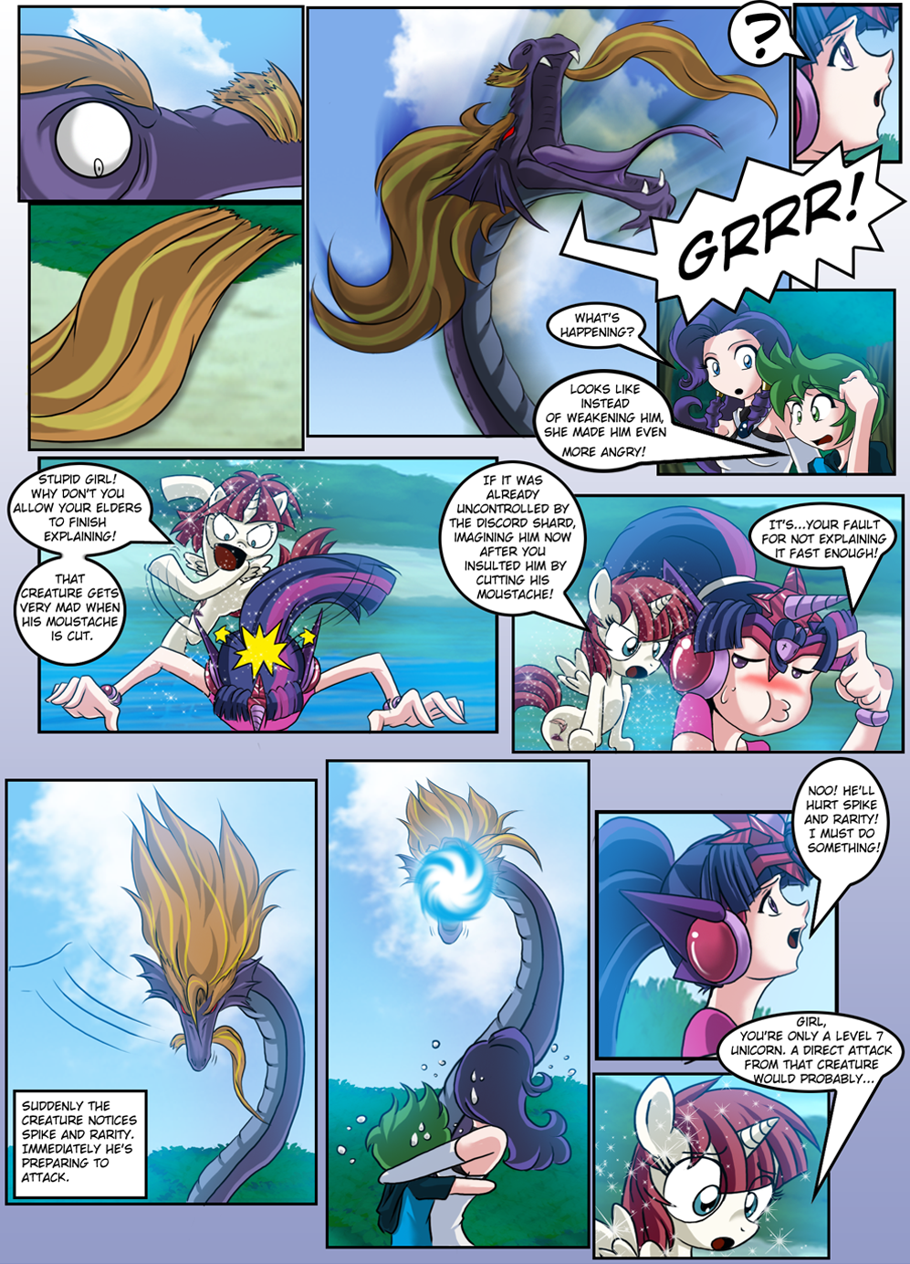 clothing comic cutie_mark dialog energy_blast english_text equine female friendship_is_magic hair horn horse human humanized lauren_faust_(character) magic mammal mauroz my_little_pony pony purple_hair rarity_(mlp) smack spike_(mlp) steven_magnet_(mlp) summon symbol text tiara twilight_sparkle_(mlp) winged_unicorn wings