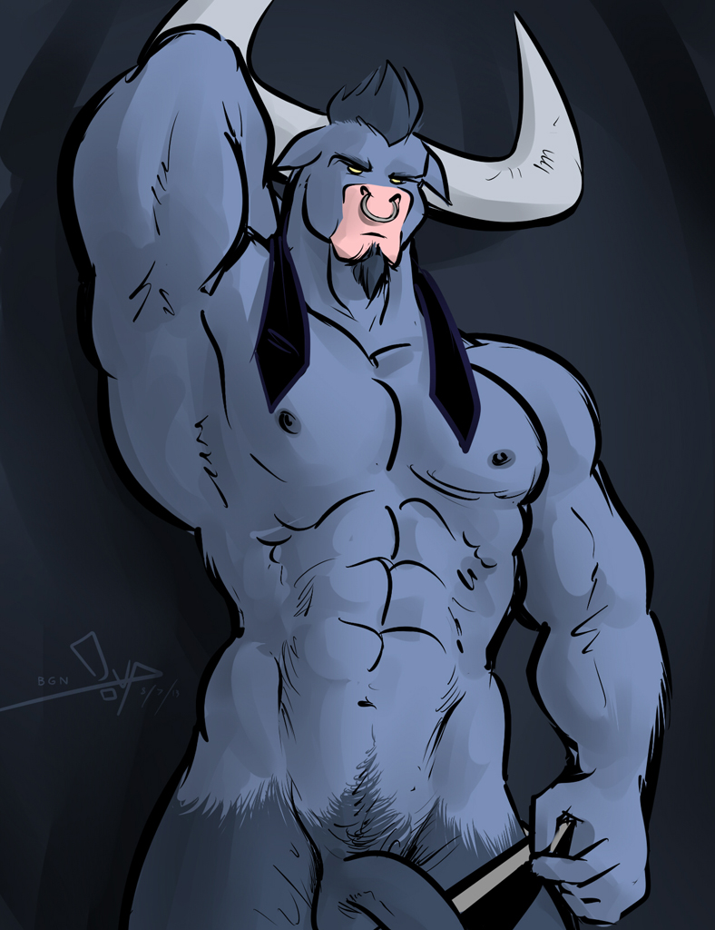 abs anthro anthrofied arm_behind_head balls beard bgn biceps big_muscles big_penis blue_fur blue_hair blue_penis bovine erection facial_hair facial_piercing flexing friendship_is_magic fur hair horn humanoid_penis iron_will_(mlp) male mammal minotaur muscles my_little_pony necktie nipples nose_piercing nose_ring nude pecs penis piercing pose presenting solo standing undressing yellow_eyes