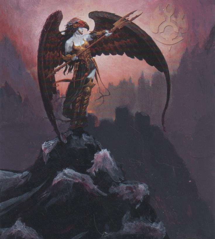 angel_wings anthro armor beak bipedal black_hair bracers breastplate breasts brom cleavage cliff clothed clothing digital_painting_(art) female front_view full-length_portrait gauntlet greaves hair helmet holding humanoid humanoid_face legwear long_hair looking_away mountain outside overcast pale_skin polearm pose restricted_palette snow solo standing sunset thigh_highs traditional_media trident warm_colors weapon wings