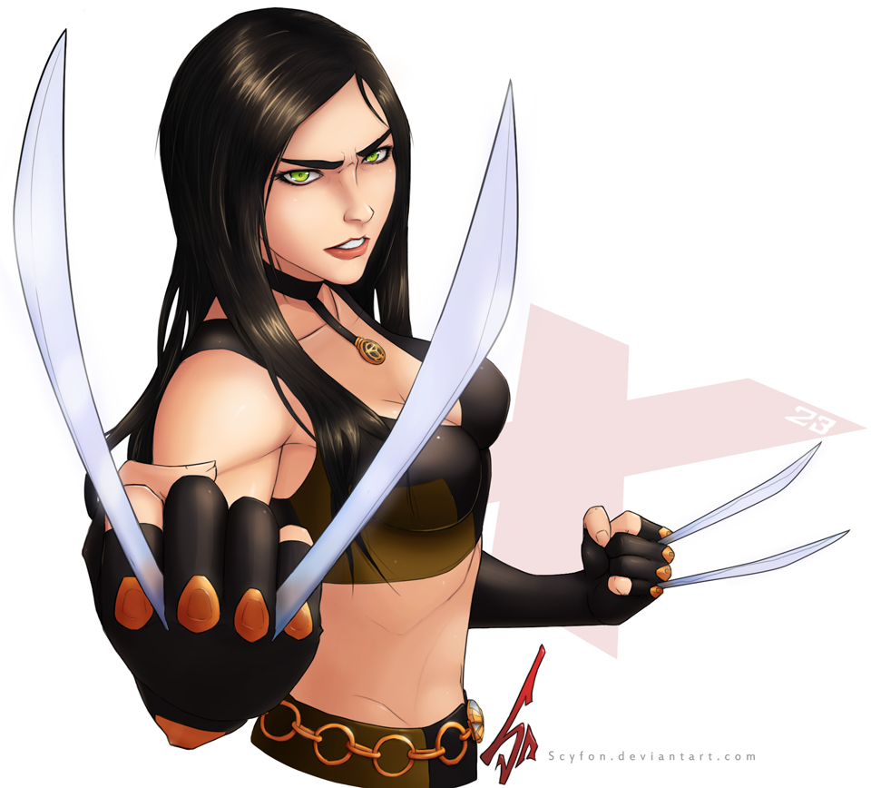 belt black_hair breasts choker claw_(weapon) cleavage clenched_hands crop_top elbow_gloves fingerless_gloves gloves green_eyes jewelry lips long_hair marvel midriff nose pendant scyfon small_breasts solo upper_body weapon x-23 x-men