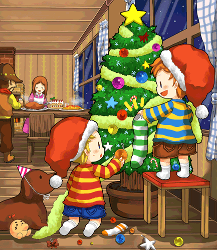 3boys artist_request blonde_hair boney brown_hair cake christmas christmas_tree claus dog doseisan family flint food hat hinawa long_hair lowres lucas mother_(game) mother_3 multicolored_shirt multiple_boys pastry santa_hat shirt smile striped striped_shirt