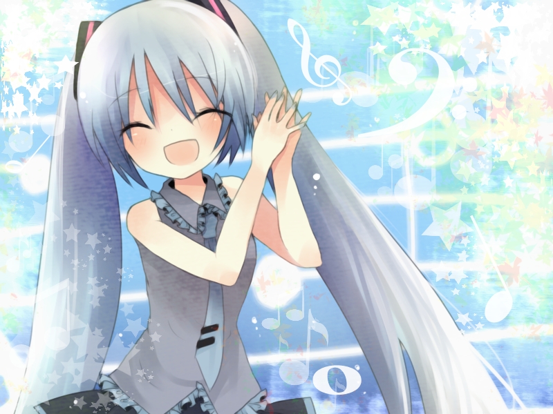 closed_eyes happy hatsune_miku long_hair musical_note necktie ou_(swdp) solo staff_(music) twintails vocaloid