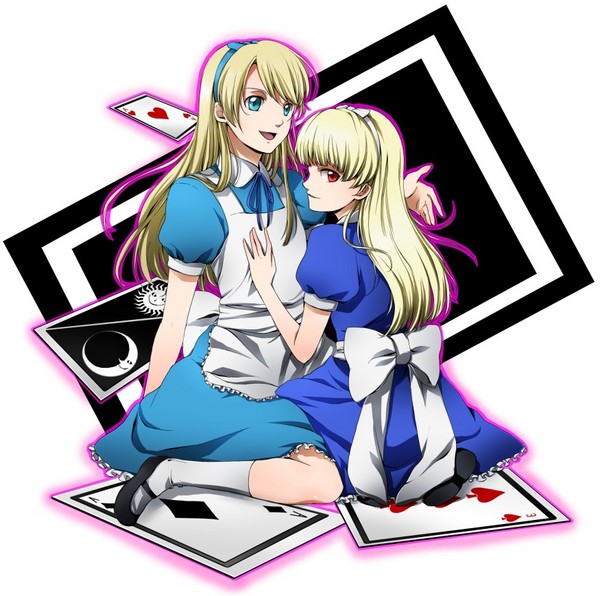 1girl alice_(megami_tensei) alice_(wonderland) alice_(wonderland)_(cosplay) alice_in_wonderland apron bellwether blonde_hair blue_eyes card cosplay crossdressing floating_card hairband kuma_(persona_4) lying_card mary_janes otoko_no_ko persona persona_4 playing_card red_eyes shoes smile socks