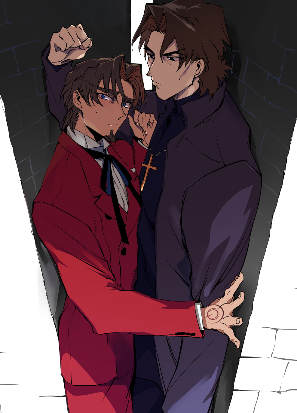 bad_id bad_pixiv_id blue_eyes brown_eyes brown_hair cramped cross cross_necklace facial_hair fate/stay_night fate/zero fate_(series) goatee highres jewelry kotomine_kirei multiple_boys necklace rokuji sweatdrop time_paradox toosaka_tokiomi