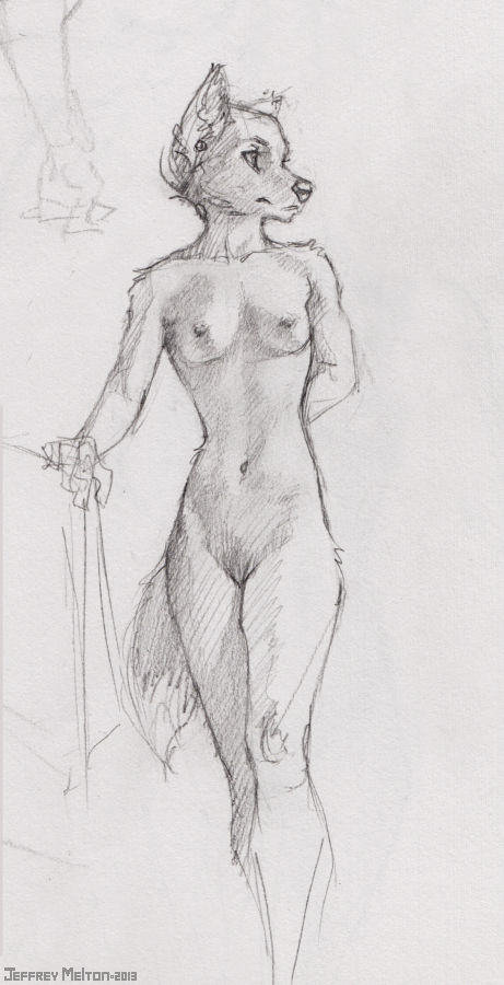 black_nose breasts canine coonkun ear_piercing female fox mammal monochrome nipples petite piercing pussy sketch solo standing