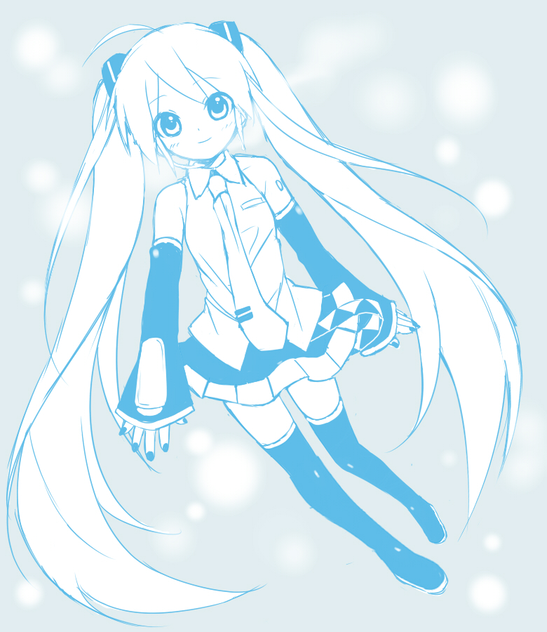 bad_id bad_pixiv_id detached_sleeves etou_(cherry7) hatsune_miku long_hair looking_at_viewer monochrome necktie skirt smile solo thighhighs twintails very_long_hair vocaloid