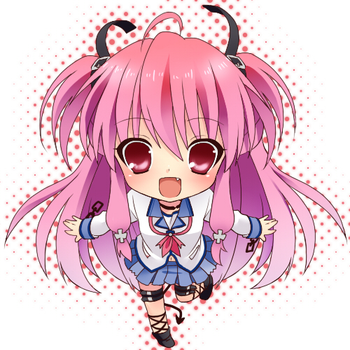 :d angel_beats! bad_id bad_pixiv_id chibi demon_tail etou_(cherry7) fang long_hair looking_at_viewer lowres open_mouth pink_eyes pink_hair school_uniform serafuku shinda_sekai_sensen_uniform simple_background smile solo tail two_side_up very_long_hair white_background yui_(angel_beats!)