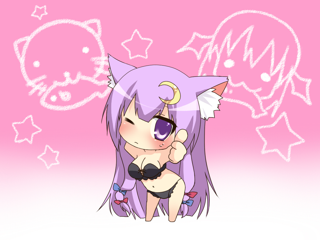 animal_ears bad_id bad_pixiv_id black_bra black_panties blush bow bra breasts buri_hamachi cat_ears chibi crescent crescent_hair_ornament etou_(cherry7) hair_bow hair_ornament koakuma leaning_forward long_hair looking_at_viewer medium_breasts panties patchouli_knowledge purple_eyes purple_hair solid_circle_eyes solo star thumbs_up touhou underwear underwear_only very_long_hair