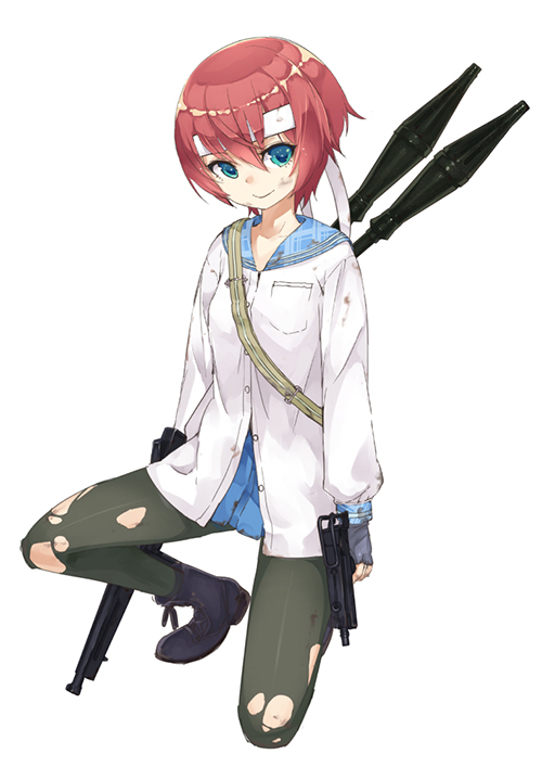 boots dirty dual_wielding green_eyes green_legwear gun headband holding mac-10 maeda_risou one_knee original pantyhose pleated_skirt red_hair rocket_launcher rpg school_uniform short_hair skirt smile solo submachine_gun thompson_submachine_gun torn_clothes torn_legwear unbuttoned untucked weapon