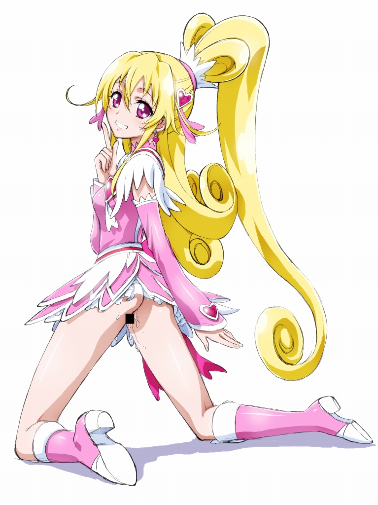 aida_mana blonde_hair boots censored cure_heart dokidoki!_precure full_body grin half_updo index_finger_raised kaishaku kneeling long_hair looking_back no_panties pink_eyes pink_footwear pink_sleeves ponytail precure pussy_juice shadow simple_background smile solo white_background