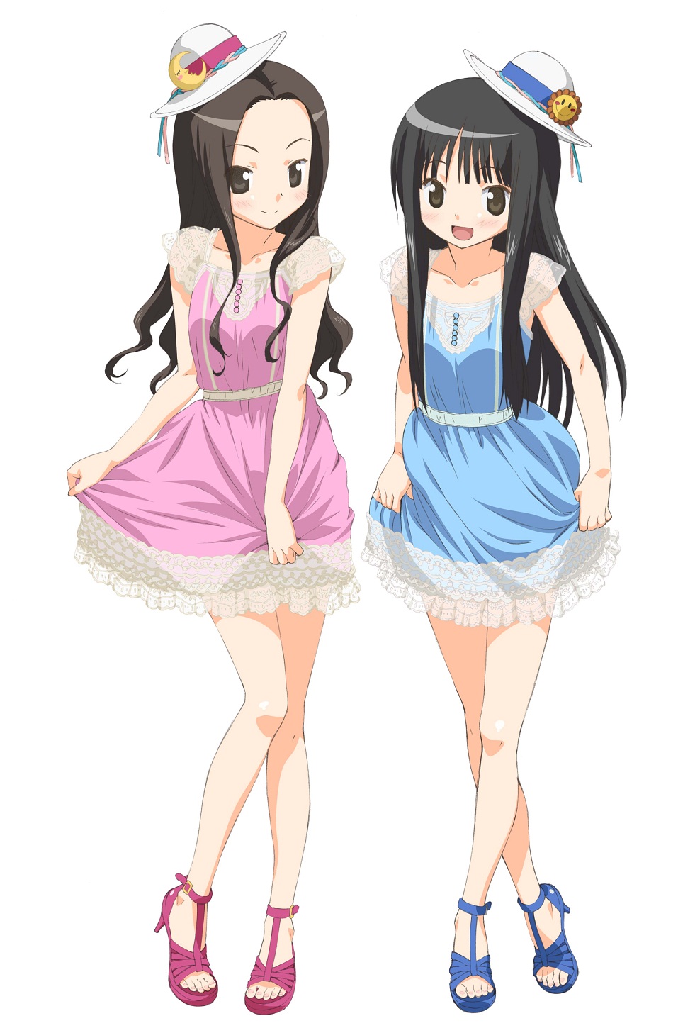 alice_(claris) black_hair blue_skirt brown_eyes brown_hair clara_(claris) claris_(group) collarbone hat high_heels highres long_hair morioka_hideyuki multiple_girls official_art open_mouth pink_skirt simple_background skirt smile straight_hair sun_(symbol) toes wavy_hair white_background