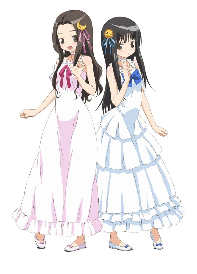 alice_(claris) alternate_costume bare_shoulders black_hair blue_dress bow bowtie brown_eyes brown_hair choker clara_(claris) claris_(group) collarbone dress frilled_dress frills hair_ornament hair_ribbon long_hair morioka_hideyuki multiple_girls no_socks official_art open_mouth pink_dress ribbon simple_background straight_hair sun_(symbol) wavy_hair white_background