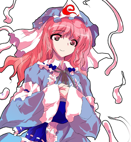 alphes ghost hat long_hair long_sleeves lowres official_art pink_eyes pink_hair saigyouji_yuyuko scarlet_weather_rhapsody smile solo touhou transparent_background wide_sleeves