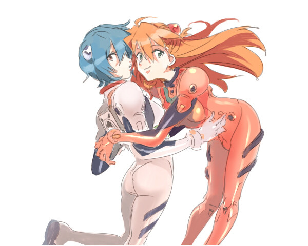 ayanami_rei blue_eyes blue_hair bodysuit gori_matsu long_hair multiple_girls neon_genesis_evangelion orange_hair red_eyes short_hair souryuu_asuka_langley white_bodysuit