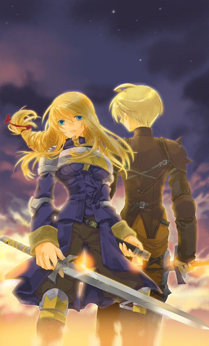 1girl agrias_oaks ahoge armor bad_id bad_pixiv_id belt blonde_hair blue_eyes braid final_fantasy final_fantasy_tactics knight long_hair ramza_beoulve sheath single_braid sky spikes sword tooka weapon