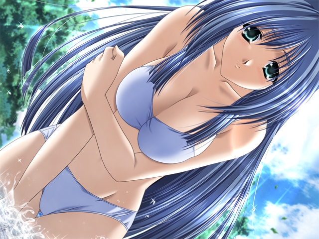 aoi_hatori bikini blue_hair breast_squeeze breasts doki_doki_princess dutch_angle game_cg green_eyes kazusagawa_mizuha large_breasts long_hair non-web_source solo splashing swimsuit wading water