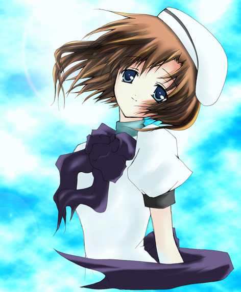 artist_request beret blue_eyes brown_hair dress hat higurashi_no_naku_koro_ni non-web_source ryuuguu_rena short_hair solo