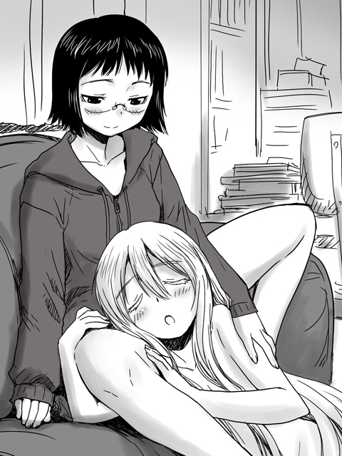 between_legs blush genshiken glasses hood hoodie lap_pillow long_hair monochrome multiple_girls ogiue_chika open_mouth sakaki_imasato short_hair sleeping smile susanna_hopkins yuri