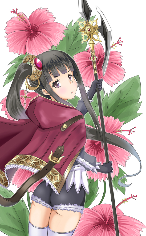 1girl amamiya_akira ass atelier_(series) atelier_totori blush brown_hair cape flower from_behind gloves hair_ornament long_hair looking_back mimi_houllier_von_schwarzlang open_mouth parted_lips polearm ponytail purple_eyes side_ponytail spear thighhighs weapon