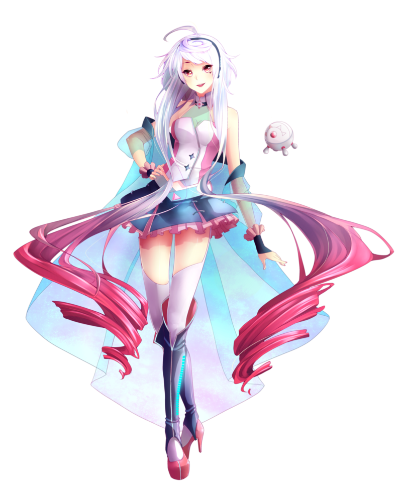 absurdly_long_hair detached_collar frilled_skirt frills full_body gradient_hair high_heels long_hair maika_(vocaloid) multicolored_hair neon_trim noririn-hayashi nova_(vocaloid) pink_hair play_button red_eyes robot see-through skirt thighhighs transparent_background very_long_hair vocaloid white_hair zettai_ryouiki